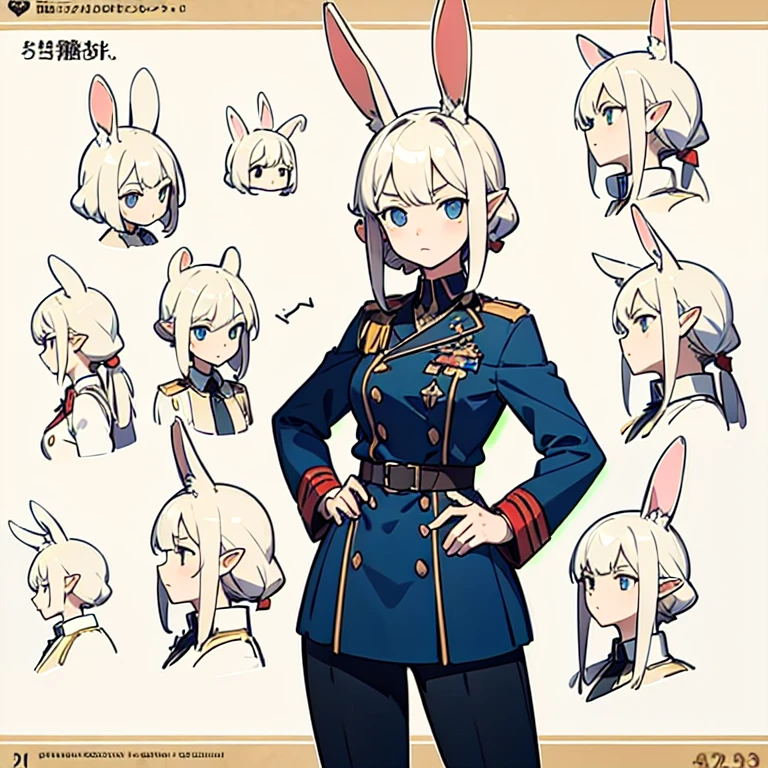 (masterpiece, Best quality) detailed, character sheet, rabbit ears, Medium breasts, emotionless, Military uniform, link, e.g, hips, Life