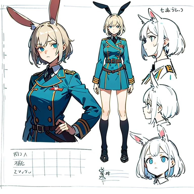 (masterpiece, Best quality) detailed, character sheet, rabbit ears, Medium breasts, emotionless, Military uniform, link, e.g, hips, Life
