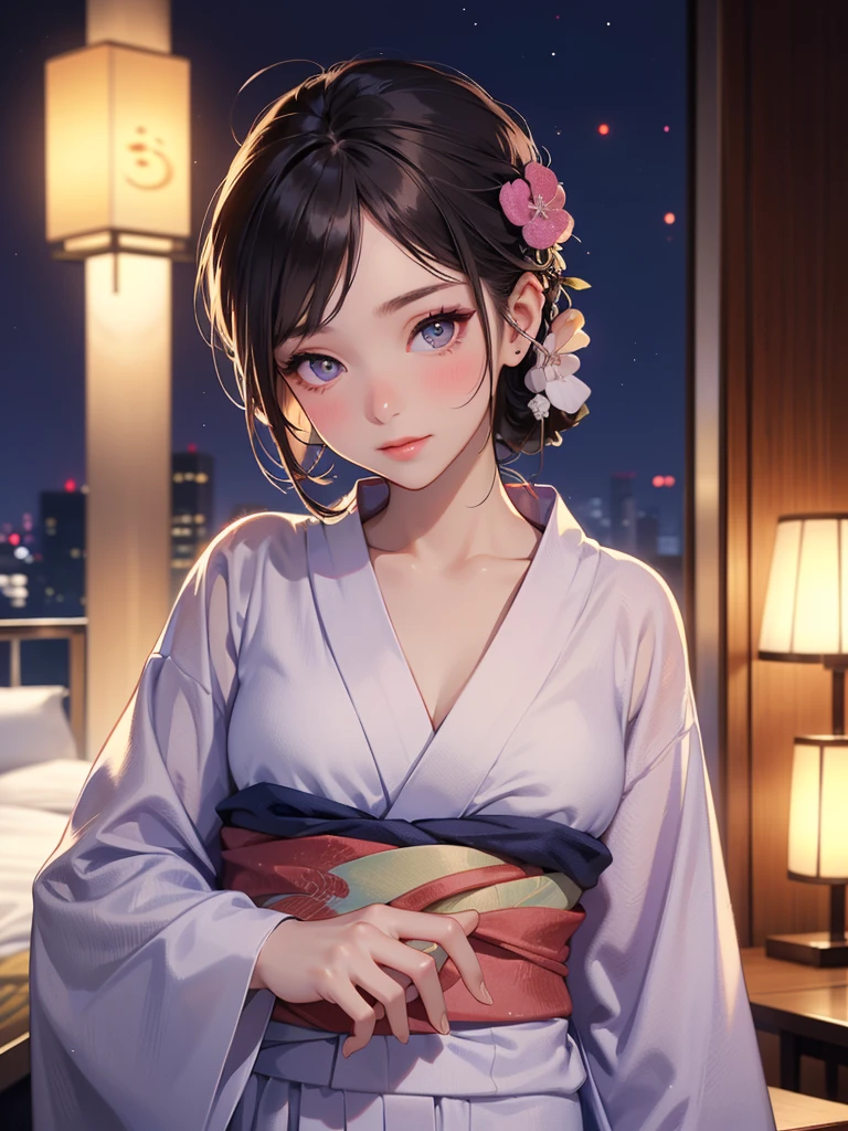 1 beautiful woman, seductive sexy, Alluring plumpness:1.3, Brunette, Straight-haired, pupils sparking, long upper eyelashes, (wearing yukata in hotel:1.5), Japanese-style rooms at the hotel, futon, seductive smile, light blush, ear blush, seductive expression, sexy tease, high quality clothing, beautiful and delicate clothing, super detail face, high detail and delicate eyes, ((accurate limbs)), ((correct finger)), (super textured skin), high quality background, award winning, masterpiece, anatomically correct, retina, highres, UHD, 16k, 8k