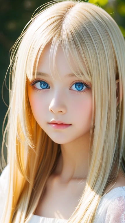 A beautiful Scandinavian girl with shining blonde hair、Transparent white glossy skin、Wind blonde gets in the way in front of a cute face、huge 、Cute little beautiful face of 20 years old、Beautiful straight blonde silky hair that stands out、blonde hair above the eyes、Big, bright, light blue eyes that shine beautifully、very big eyes、long silky bangs that cover cute eyes, Sexy face-hiding hair, super long blonde hair、Sexy cute young woman、Super long blonde with shiny light blonde hair、small face beautiful girl、very white shiny skin、Beautiful highlights for big eyes