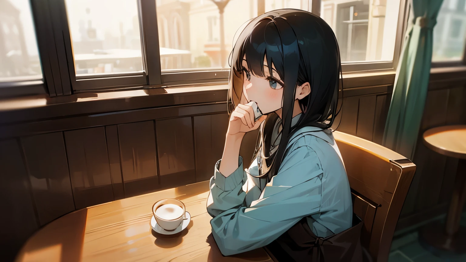 one girl、stylish cafe、drinking coffee、relax、calm expression、black hair、table seat