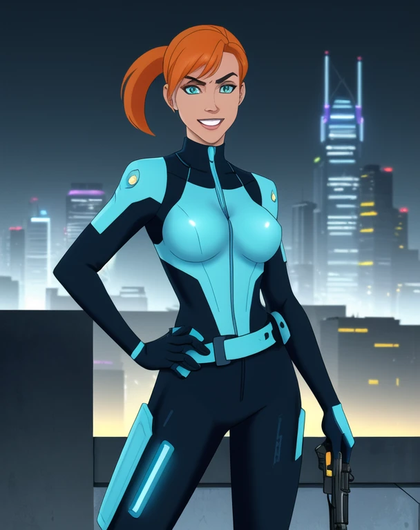 half body portrait, generic 32 year old Cyberpunk Agent, pretty and brave, medium breasts, light skin, thin and athletic, (Wearing a blue futuristic jumpsuit, utility belt and gun holsters), doing a heroic pose with hands on hips, grin with teeth, cleavage exposed, perfect eyes, perfect irises, standing on a rooftop with a night sky, The skyline of a cyberpunk city is seen in the background, (1girl with short orange hair, pony tail style and bright blue irises), 4k textures, raw photo, epic artistic, photoreal art, sharp focus, even lighting, insane details, intricate details, hyperdetailed, rich colors, staring at viewer, looking into camera, windswept hair blowing in the wind
