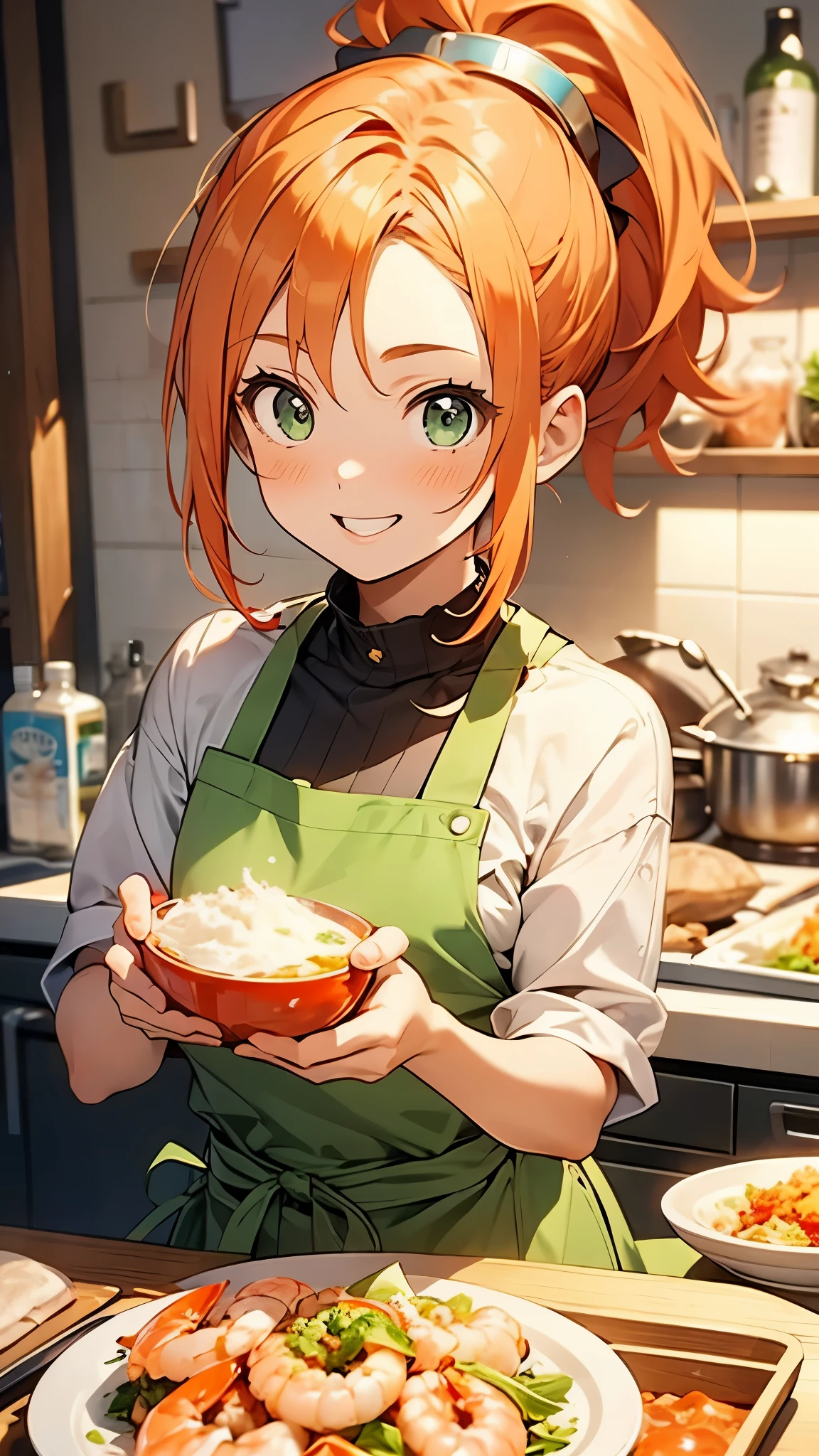 15 year old girl、Cute shrimp woman、Cook delicious food in the kitchen、orange hair、ponytail、beautiful green eyes、apron、Beautiful smile、upper body close-up