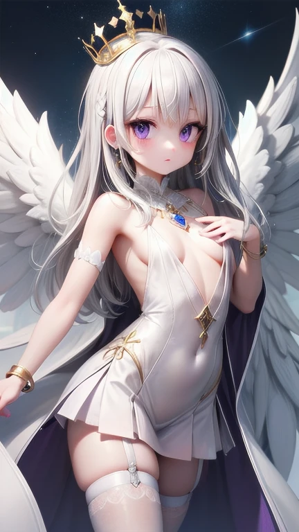 1girl, (masterpiece), best quality, expressive eyes, perfect face, anime - style image of a woman in a white dress with a crown on her head, detailed cosmic angelic, white wings, detailed wings, extremely detailed goddess shot, amethyst jewelry, ((white thigh strap with jewelry)), detailed white, detailed, white royal dress, small breast, cute detailed artwork, ((silver hair)), purple eyes, angelic purity, high detail skin, goddess