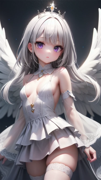 1girl, (masterpiece), best quality, expressive eyes, perfect face, anime - style image of a woman in a white dress with a crown on her head, detailed cosmic angelic, white wings, detailed wings, extremely detailed goddess shot, amethyst jewelry, ((white thigh strap with jewelry)), detailed white, detailed, white royal dress, small , cute detailed artwork, ((silver hair)), purple eyes, angelic purity, high detail skin, goddess