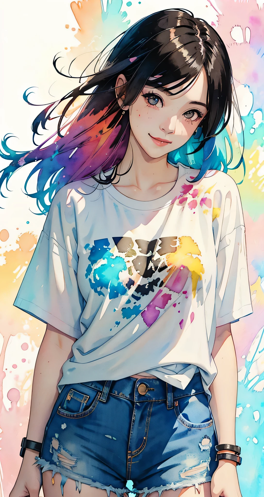 Plumeria painting with splatter background and spray paint effect, Written by Adam Hughes, Plumeria Flower Design T-Shirt and Jeans Shorts, upper body center, multicolored hair, closed my eyes, big happy smile, watercolor art,  watercolor painting, watercolor painting風, watercolor detailed art, watercolor digital painting, Watercolor paints, A beautifully detailed watercolor painting, watercolor art，japanese woman，(((Chibi)))