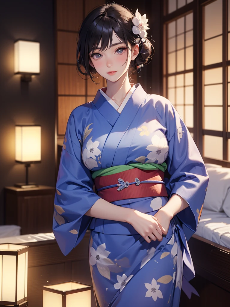 1 beautiful woman, seductive sexy, Alluring plumpness:1.3, Brunette, Straight-haired, pupils sparking, long upper eyelashes, (wearing yukata in hotel:1.5), Japanese-style rooms at the hotel, futon, seductive smile, light blush, ear blush, seductive expression, sexy tease, high quality clothing, beautiful and delicate clothing, super detail face, high detail and delicate eyes, ((accurate limbs)), ((correct finger)), (super textured skin), high quality background, award winning, masterpiece, anatomically correct, retina, highres, UHD, 16k, 8k