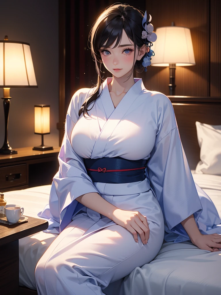 1 beautiful woman, seductive ????, Alluring plumpness:1.3, Brunette, Straight-haired, pupils sparking, long upper eyelashes, (wearing yukata in hotel:1.5), Japanese-style rooms at the hotel, futon, seductive smile, light blush, ear blush, seductive expression, ???? tease, high quality clothing, beautiful and delicate clothing, super detail face, high detail and delicate eyes, ((accurate limbs)), ((correct finger)), (super textured skin), high quality background, award winning, masterpiece, anatomically correct, retina, highres, UHD, 16k, 8k
