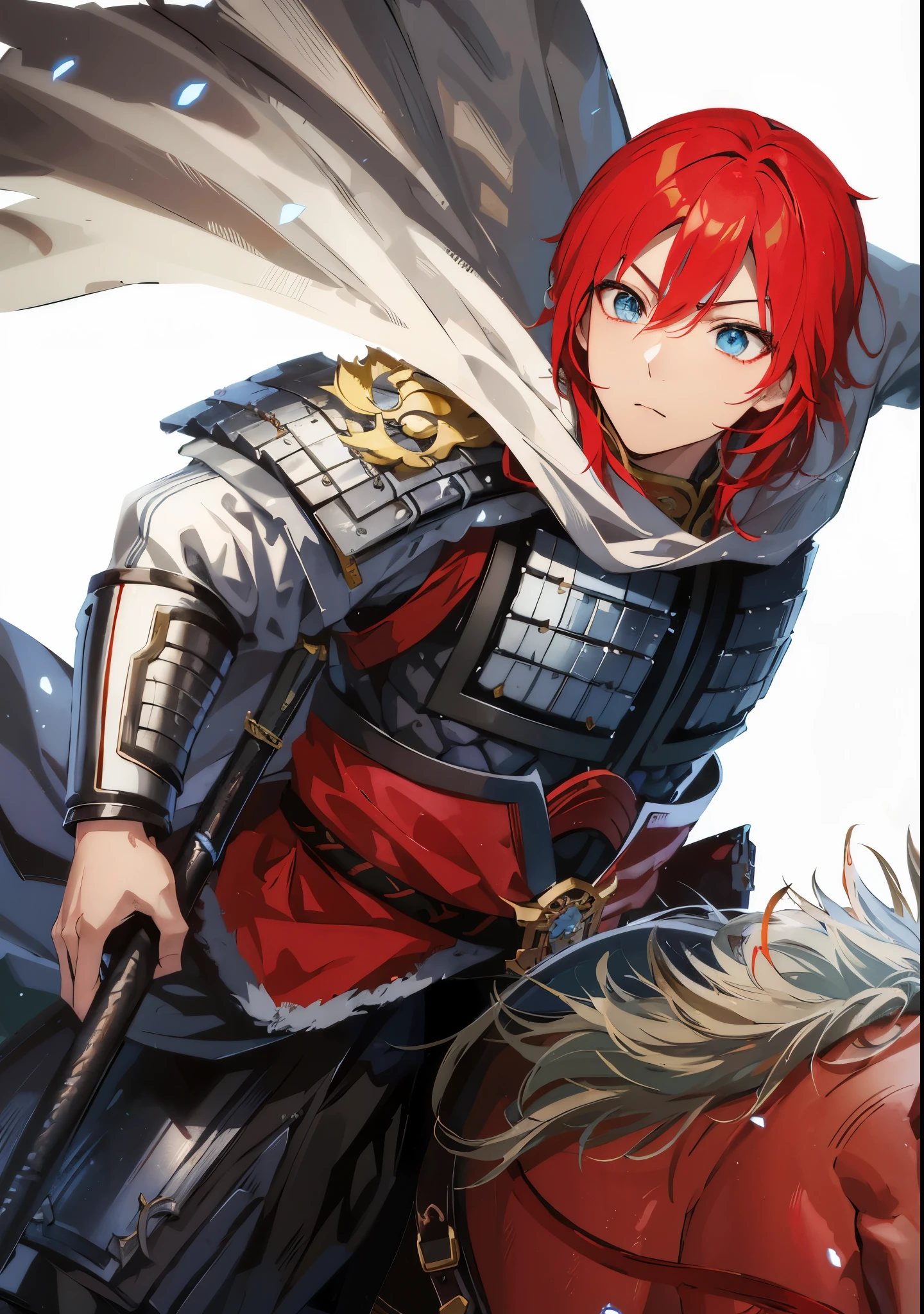 Red-haired anime character riding a red horse,手拿长枪骑着红马的handsome guy，Inspired by Zhao Yun，Inspired by the red-haired Chinese warrior Jiang Wei from Dynasty Warriors, fantasy style anime, wearing shining armor, 先进的数字动漫艺术”Anime Fantasy Artwork, Detailed anime character art, 斩妖除魔艺术中的handsome guy, shadow poetry style, wearing shining plate armor, Anime Fantasy Illustration, zero art, Anime Fantasy Artwork，Three Kingdoms style，Dynasty Warriors style，blue eyes，Red eyebrows，Dark red eyelashes，young general，Wearing a Chinese style helmet，handsome guy，Zhao Yun's helmet，The expression is slightly serious，Drinking the enemy