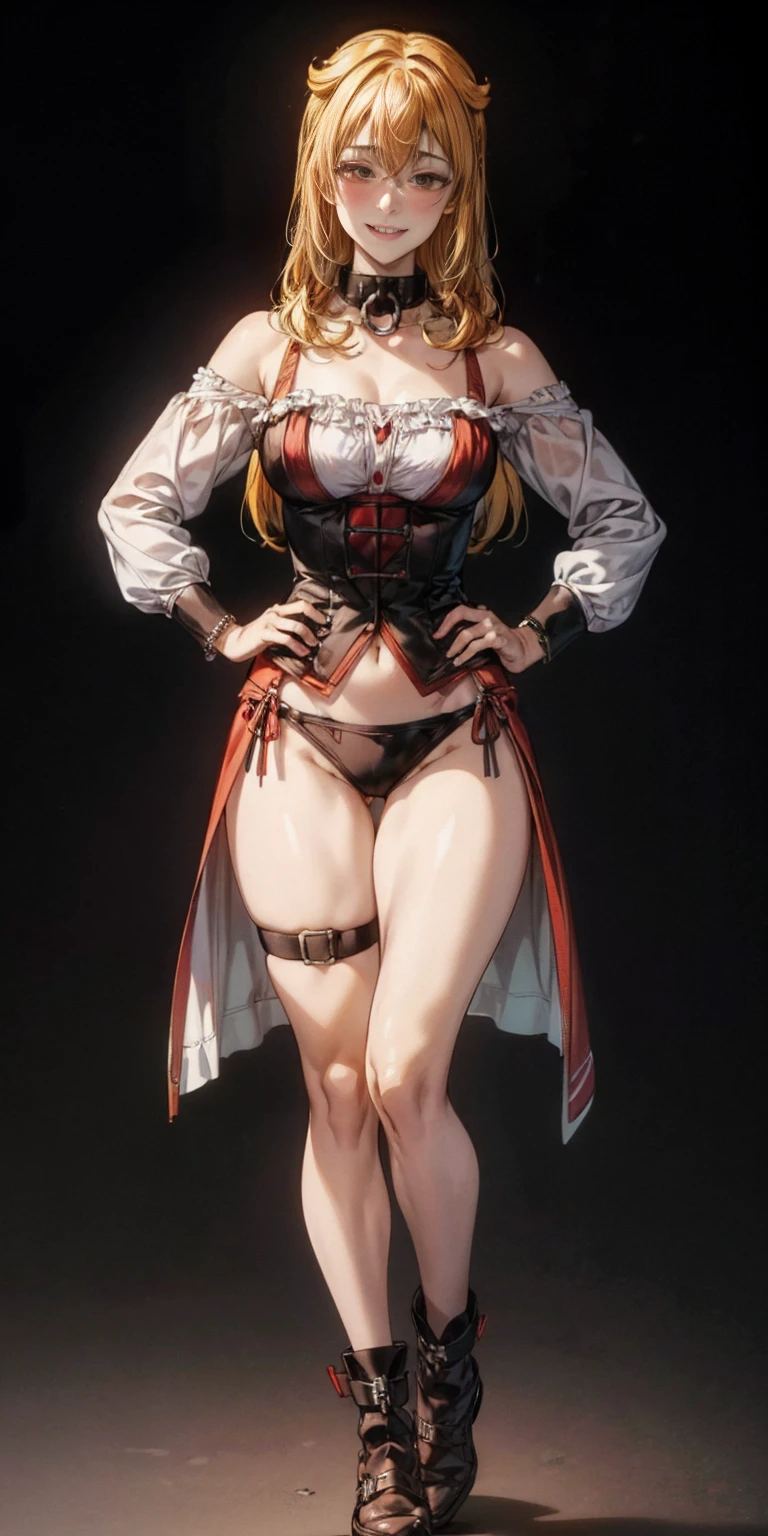 ((BLACK BACKGROUND)) 1 Sex slave female blindfolded standing straight symmetrical on black background, full body, 2legs TOGETHER, WRIST HANDCUFFS, LEATHER SLAVE COLLAR, lustful smirking smile face red blushed red cheeks, HANDS ON HIPS clenching fist