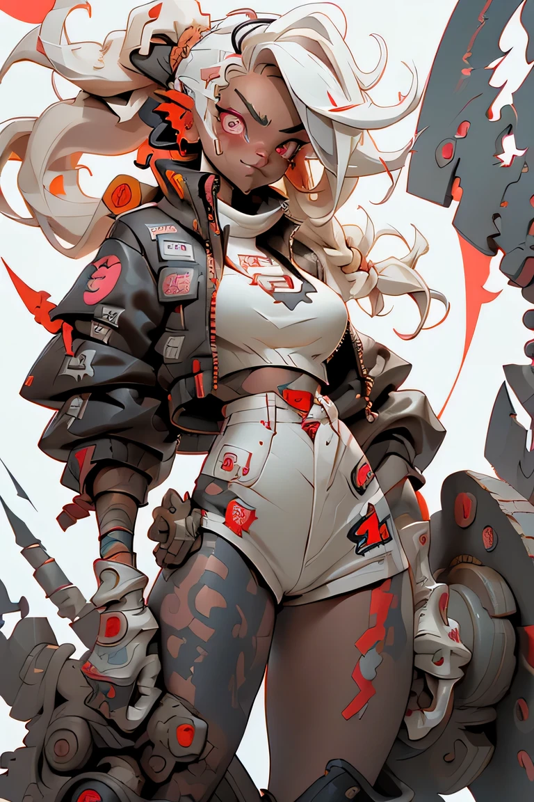 1girl, rebecca \(cyberpunk\), (full body), solo, blonde braid hair, glowing red eyes,laugh fearlessly, leg tattoo, neck tattoo,  large chest, black bra, thong, red pupils, skin fang, red eyes, black jacket, ((Holding a big hammer、white background:1.35))、dynamic angle、