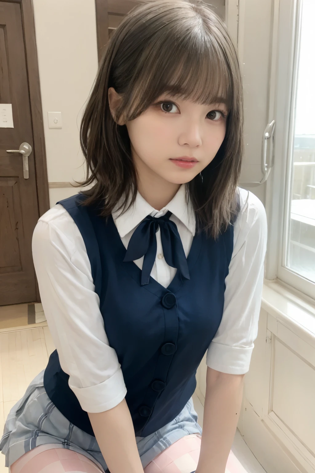 High resolution、High level image quality、8K、real live action、Raw photography、highest quality、masterpiece、table top、erotic、student、pink good,white skin,knees,(黒pantyhose),Detailed panty pattern、panties focus、pink panties、small panties、absurd,small face、huge breasts、前hairを真ん中から分けます、I can see the forehead,(cold look<きついeye,glare,strong,thin anger)、masterpiece,highest quality、超A high resolution,Raw photo,Len,beautiful feces,one person, solo,dark look,small breasts,whole body、very nice、jk ,high school girl,japanese woman,standing,（Photoreal：1.37）、photon mapping,light blue ribbon,realistic、かわいいsmall face,茶色のeye、black socks、22 years old、(red bow tie)、radio city、物理ベースのLenダリング、prospect、Depth of the bounds written、blurred background、picture,girls、body,beautiful feet, long legs, thin legs,long bob cut,(前hairが見える), hair, lips, green_eye, nose soft,(pink shirt), (navy pleated skirt), navy blue uniform jacket、white sweater vest、kneesが見える,thin clothing,, thigh, black cotton socks,Nogizaka Idol, , japanese id、キラキラしたeye、glossy lips、showing legs、low angle shot from below、pantyhose