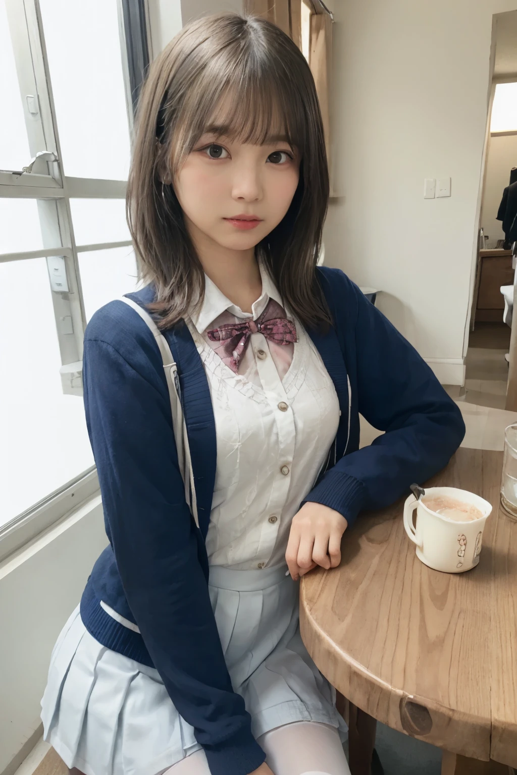 High resolution、High level image quality、8K、real live action、Raw photography、highest quality、masterpiece、table top、erotic、student、pink good,white skin,knees,(黒pantyhose),Detailed panty pattern、panties focus、pink panties、small panties、absurd,small face、huge breasts、前hairを真ん中から分けます、I can see the forehead,(cold look<きついeye,glare,strong,thin anger)、masterpiece,highest quality、超A high resolution,Raw photo,Len,beautiful feces,one person, solo,dark look,small breasts,whole body、very nice、jk ,high school girl,japanese woman,standing,(Photoreal:1.37)、photon mapping,light blue ribbon,realistic、かわいいsmall face,茶色のeye、black socks、22 years old、(red bow tie)、radio city、物理ベースのLenダリング、prospect、Depth of the bounds written、blurred background、picture,girls、body,beautiful feet, long legs, thin legs,long bob cut,(前hairが見える), hair, lips, green_eye, nose soft,(pink shirt), (navy pleated skirt), navy blue uniform jacket、white sweater vest、kneesが見える,thin clothing,, thigh, black cotton socks,Nogizaka Idol, , japanese id、キラキラしたeye、glossy lips、showing legs、low angle shot from below、pantyhose