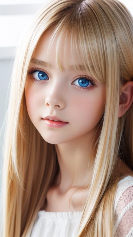A beautiful Scandinavian girl with shining blonde hair、Transparent white glossy skin、Wind blonde gets in the way in front of a cute face、huge 、Cute little beautiful face of 20 years old、Beautiful straight blonde silky hair that stands out、blonde hair above the eyes、Big, bright, light blue eyes that shine beautifully、very big eyes、long silky bangs that cover cute eyes, Sexy face-hiding hair, super long blonde hair、Sexy cute young woman、Super long blonde with shiny light blonde hair、small face beautiful girl、very white shiny skin、Beautiful highlights for big eyes