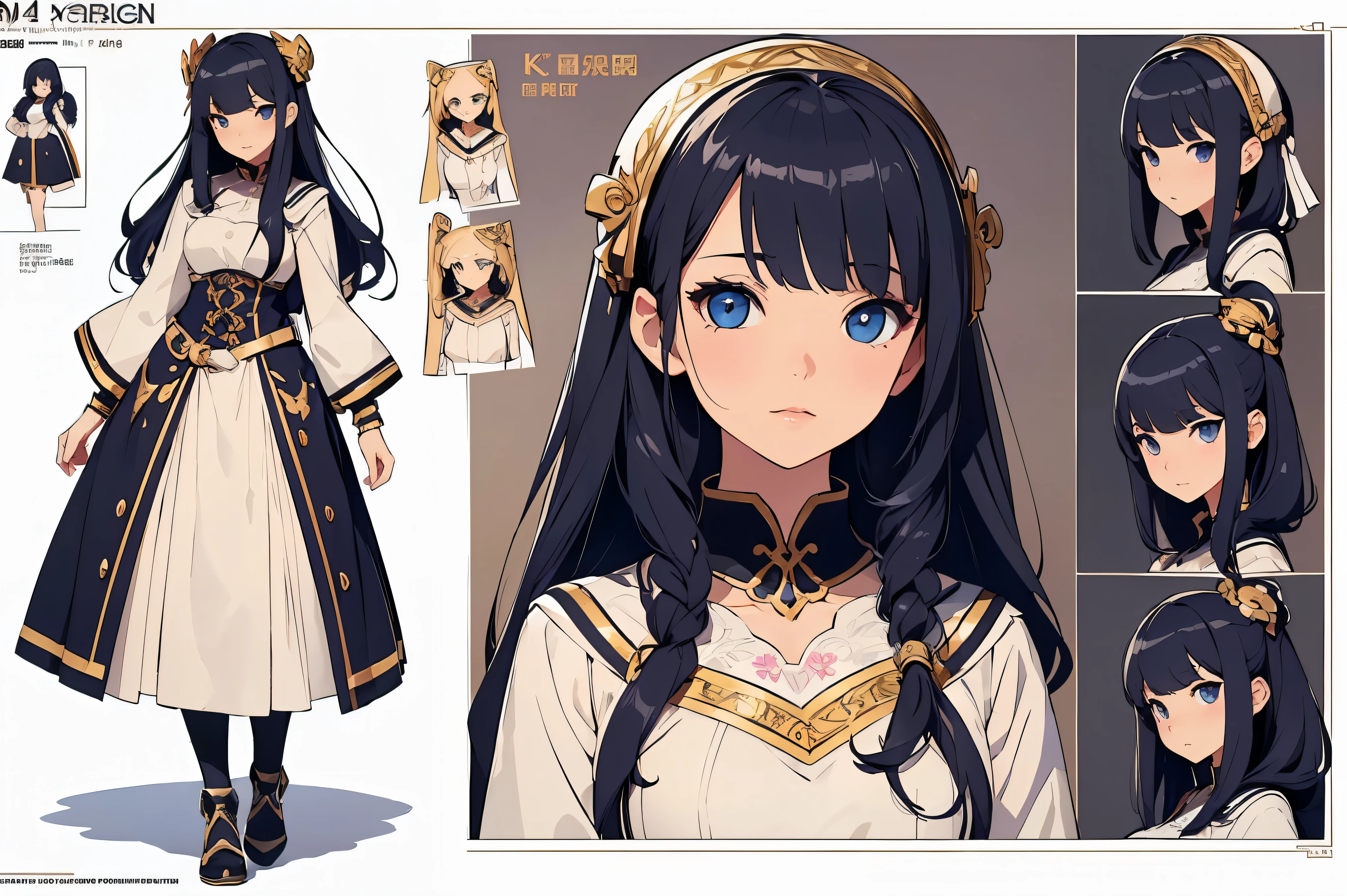 (highest quality、4k、8K、High resolution、masterpiece: 1.2)、Super detailed、genuine、photogenuineistic、(((female character design sheet)))、An illustration、(((character design sheet, Detailed character description)))、Full-body three-dimensional drawing and detailed description of clothing:1.2, creative design、High school girl design、Unique and cute design、Impressive anatomy、Expressing the charm of girls、shining eyes、shiny hair、bright colors、Perfectly balanced composition。