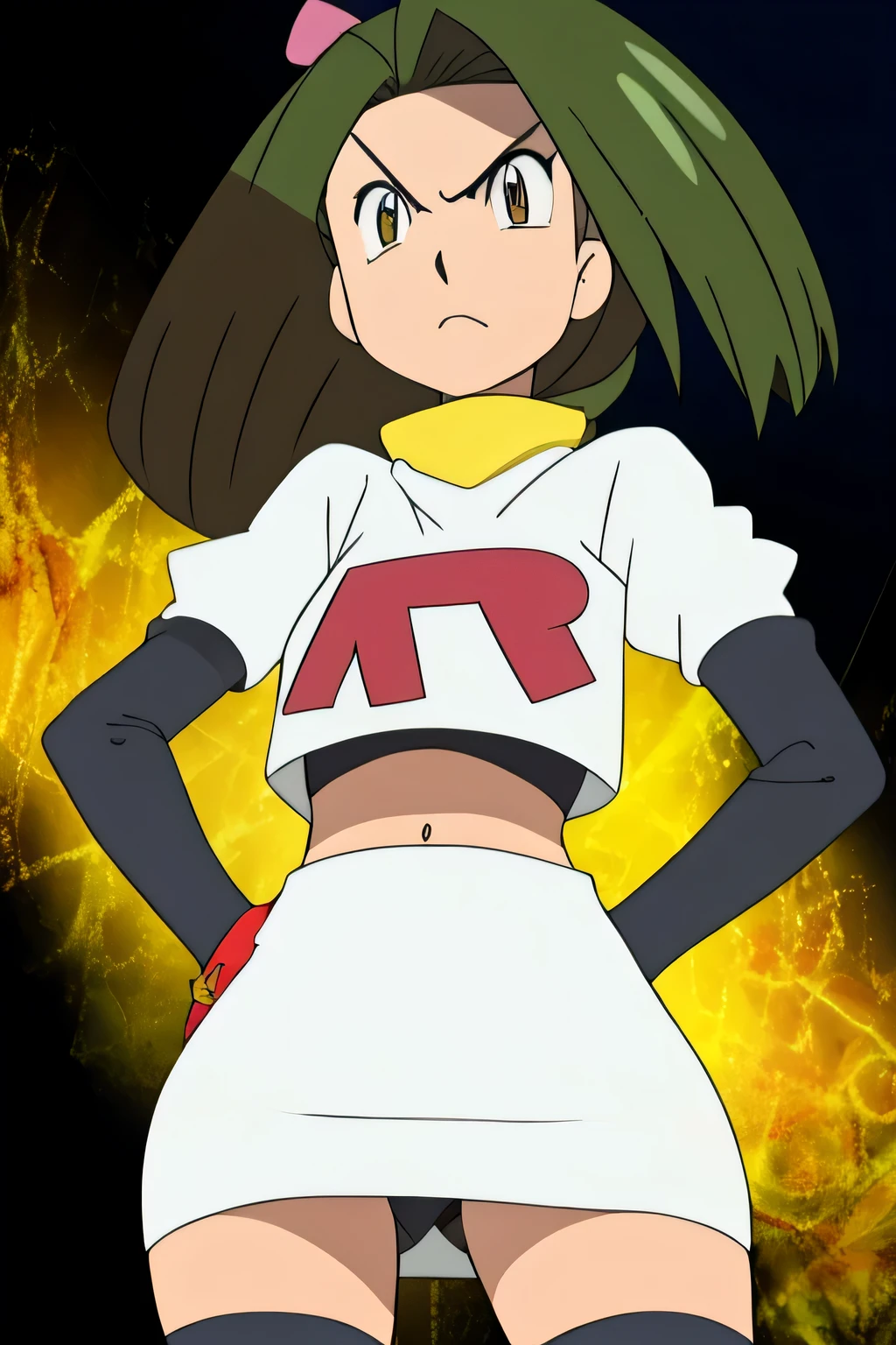8k, masterpiece,highres,team rocket uniform, red letter r, white skirt,white crop top,black thigh-high boots, black elbow gloves, glaring angrily, looking down at viewer, hands on hips, cowboy shot, zettai ryouiki,from below, black panties,anime style, vivid colors, sharp focus, intense lighting,fujibayashi suzu