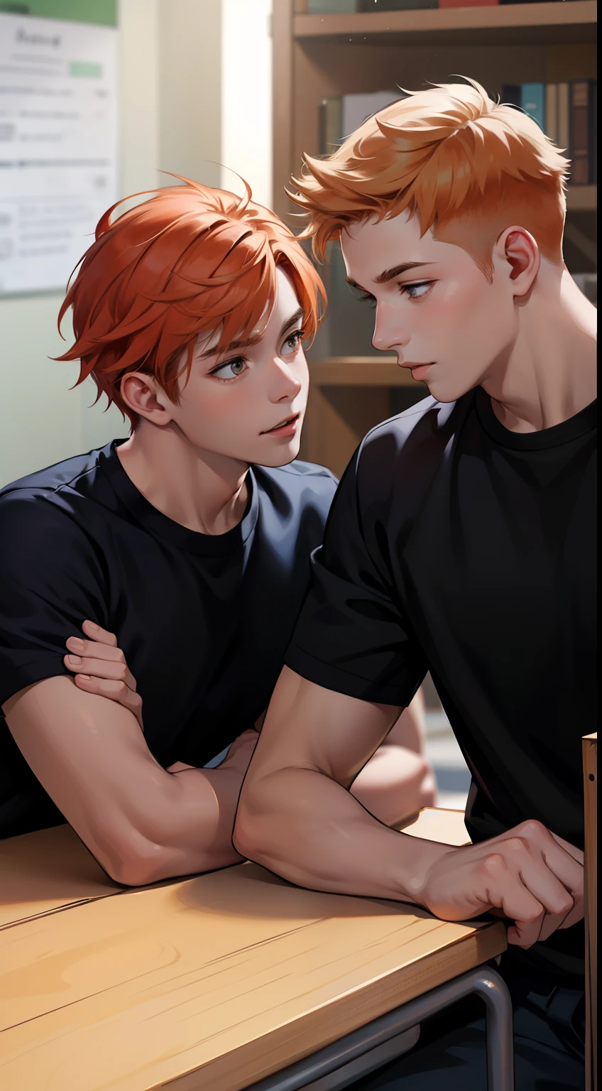 Two 15-year-old orange-haired age friends are talking, conversan, parlean  en la escuela comparten un secreto de que son casi amigos de hermanos... (usar los mismo personajes)