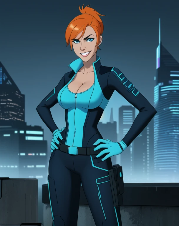 half body portrait, generic 32 year old Cyberpunk Agent, pretty and brave, medium breasts, light skin, thin and athletic, (Wearing a blue futuristic jumpsuit, utility belt and gun holsters), doing a heroic pose with hands on hips, grin with teeth, (cleavage exposed:1.3), perfect eyes, perfect irises, standing on a rooftop with a night sky, The skyline of a cyberpunk city is seen in the background, (1girl with short orange hair, pony tail style and bright blue irises), 4k textures, raw photo, epic artistic, photoreal art, sharp focus, even lighting, insane details, intricate details, hyperdetailed, rich colors, staring at viewer, looking into camera, windswept hair blowing in the wind
