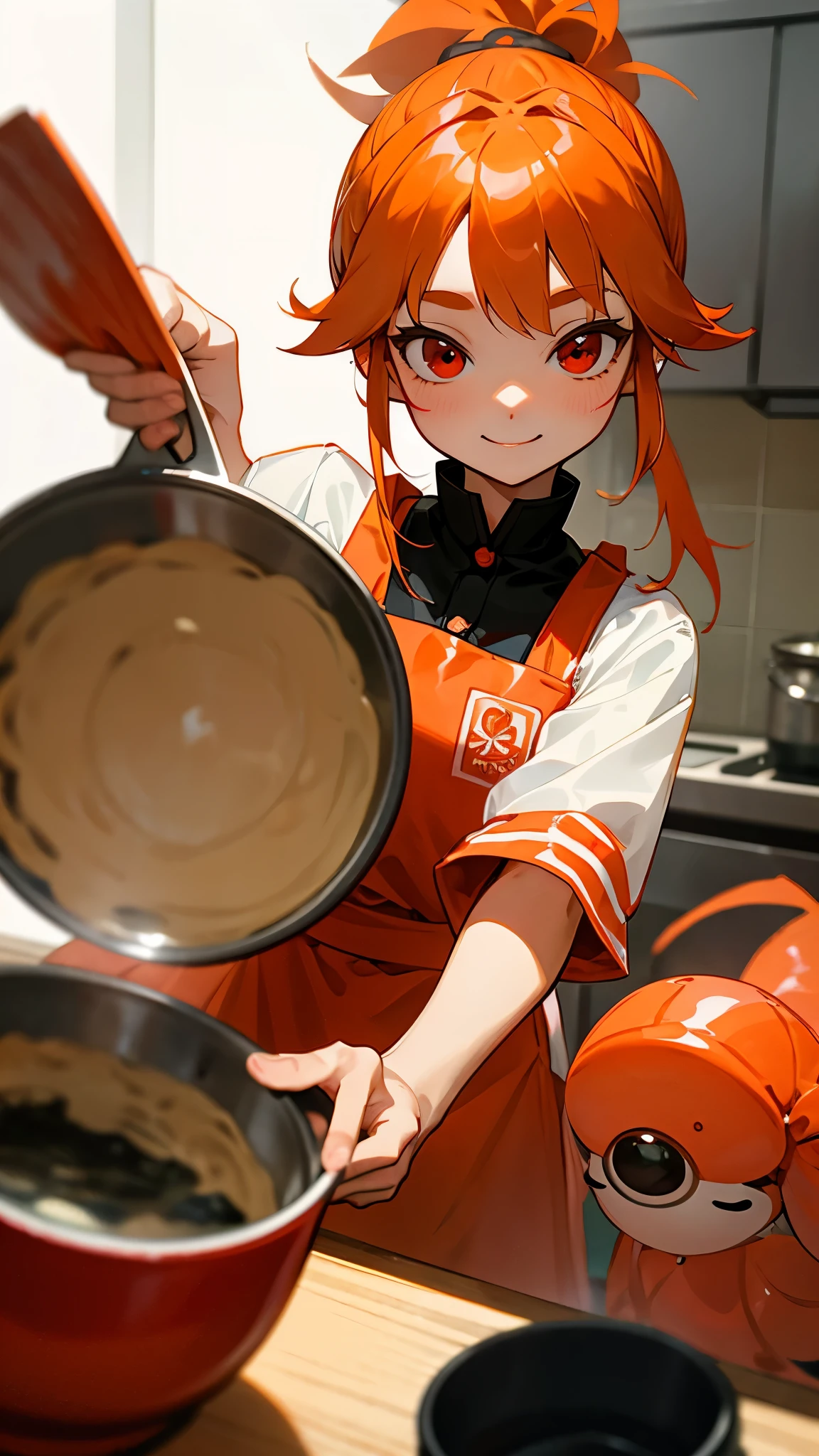 15 year old girl、Cute shrimp woman、Cook delicious food in the kitchen、orange hair、ponytail、beautiful red eyes、apron、Beautiful smile、upper body close-up