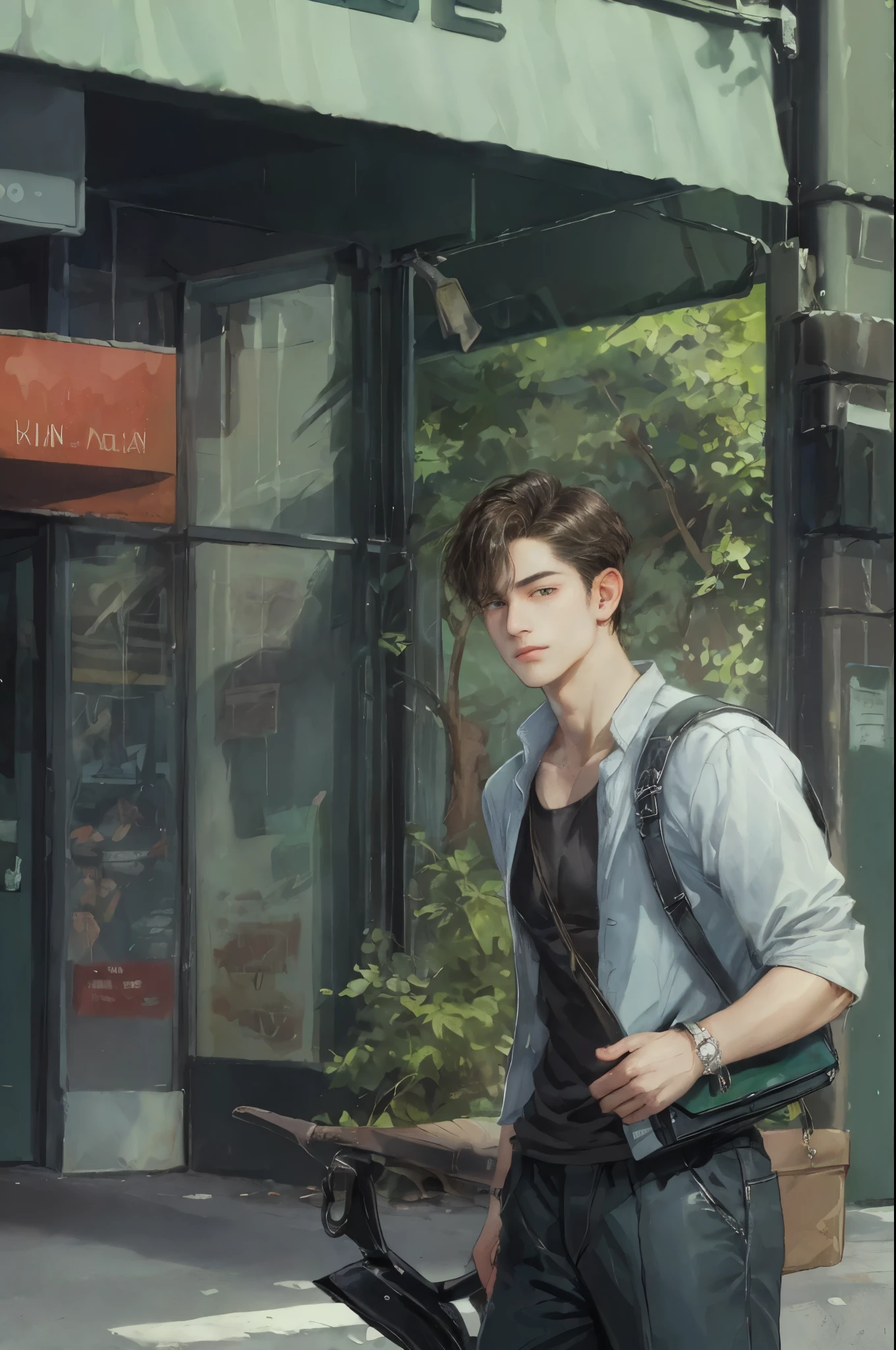 (masterpiece, top quality, best quality, official art, beautiful and aesthetic:1.2), boy, handsome, vibrant green short hair, extreme detailed face, brown eyes, a handsome boy in casual clothes , highest detailed, (perfect face), shiny skin, HDR, extremely detailed surroundings, on the street entrance of the mall in the Philippines 