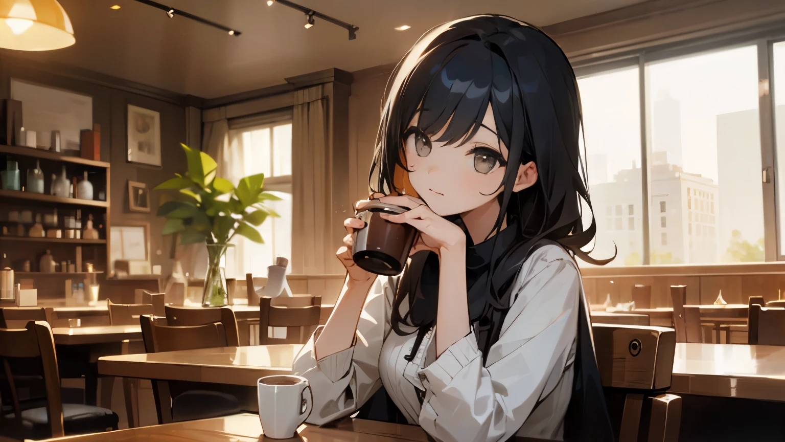 one girl、stylish cafe、drinking coffee、relax、calm expression、black hair、table seat