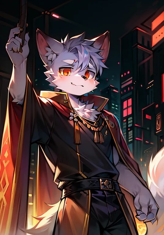 future world, cyberpunk, Mechanical style, Young Wolf, figure, masterpiece, hairy Tail, best quality, 8K, Full HD backgrounds, cartoon, Lovely, samurai costume, wearing a cloak, Kanno, male, Plush down jacket, hairy, white fur, white body, white ears, orange eyes, single, wolf tail, wolf ears, bust, soft lines, Soft furnishing series,Stick up your butt
### Prompt
In a future world with a cyberpunk vibe, there is a young boy who embodies the essence of a wolf. He stands tall, dressed in a warrior costume, with a flowing cape billowing behind him. The surroundings are wild and untamed, reflecting the rawness of the environment. The artwork is a masterpiece, rendered in the best quality, ensuring every detail is crystal clear. The resolution is in stunning 8K, with a fully high-definition background that complements the scene perfectly. The art style resembles that of a cartoon, giving it a sense of cuteness and charm. The boy's fluffy tail adds to his appeal, with its soft and furry texture. His pure white fur stands out against his white body, accentuated by his striking orange eyes. He is the sole protagonist in this artwork, with his wolf ears and tail fully displayed. The artist has masterfully captured the essence of his features, using soft lines to bring out his captivating expression. The boy playfully lifts his leg, showing off his adorable posture and his playful personality.