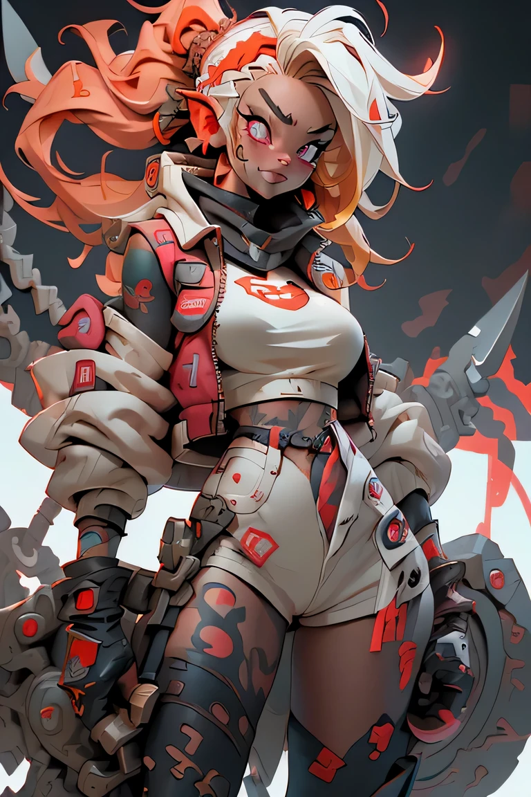 1girl, rebecca \(cyberpunk\), full body, solo, blonde braid hair, glowing red eyes,laugh fearlessly, leg tattoo, neck tattoo, large chest, black bra, thong, red pupils, skin fang, red eyes, black jacket, ((Holding a big hammer、white background:1.2))、dynamic angle、