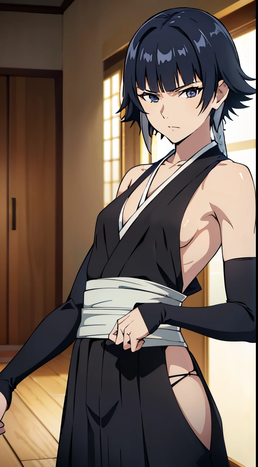masterpiece,super high quality, High resolution,8K, Anime Art Style,soifon,girl1people, perfect face, black hair, short hair, Low twin braid,short hair with long hair,slender body, perfect hands, perfect anatomy ,(black kimono, No sleeve, White sash, black hakama,armpit, small breasts, side boob, short hair, slender body, emotionless, backless robe, back muscles, ),1in people,stylish pose,stylish angle,looking at the viewer,in the center of the image, (beautiful_small breasts:1.3), (beautiful_face:1.4),