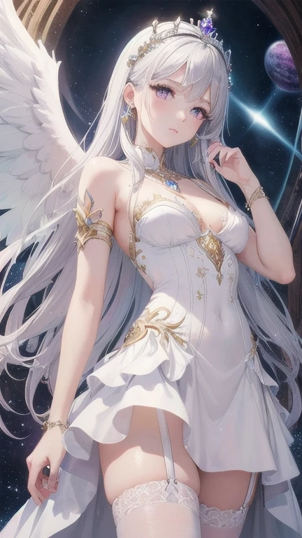1girl, (masterpiece), best quality, expressive eyes, perfect face, anime - style image of a woman in a white dress with a crown on her head, detailed cosmic angelic, white wings, detailed wings, extremely detailed goddess shot, amethyst jewelry, ((white thigh strap with jewelry)), detailed white, detailed, white royal dress, small breast, cute detailed artwork, ((silver hair)), purple eyes, angelic purity, high detail skin, goddess