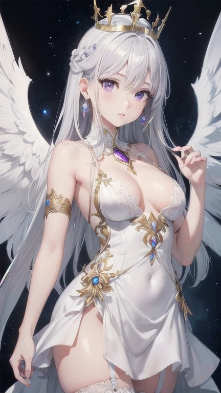 1girl, (masterpiece), best quality, expressive eyes, perfect face, anime - style image of a woman in a white dress with a crown on her head, detailed cosmic angelic, white wings, detailed wings, extremely detailed goddess shot, amethyst jewelry, ((white thigh strap with jewelry)), detailed white, detailed, white royal dress, small breast, cute detailed artwork, ((silver hair)), purple eyes, angelic purity, high detail skin, goddess
