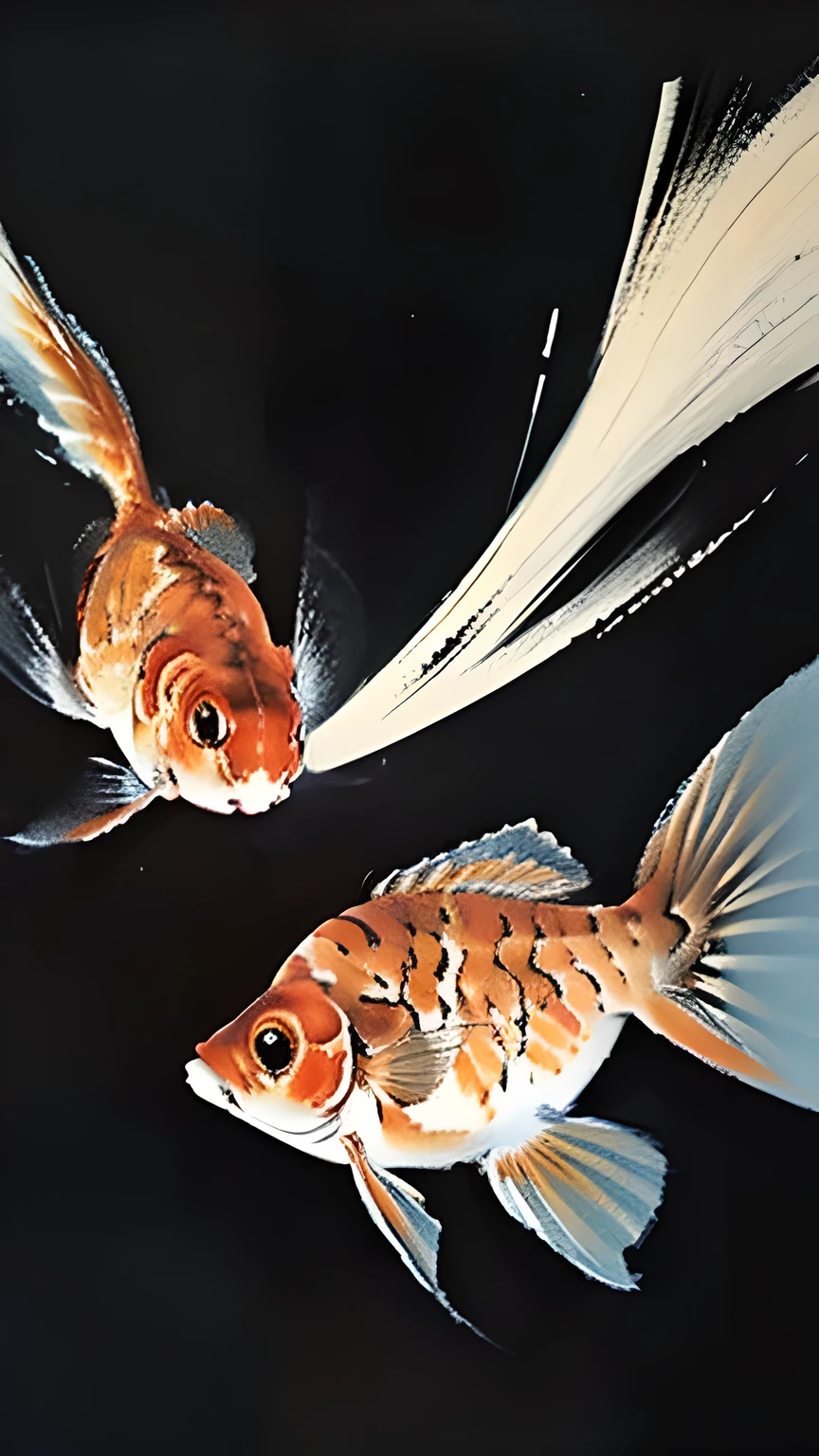 goldfish, red and white, black background, ink art