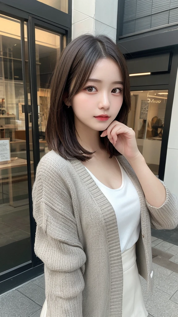 Detailed details,、High resolution、high quality、perfect dynamic composition、detailed and beautiful eyes、short hair、small breasts、natural color lip、Kamimei、Shibuya Ward、20 year old girl、1 person、transparent skin、shining hair、table top、最high quality、finely、High resolution、8K、correct state of the human body、random pose、sculpture model pose、one piece、cardigan、mini skirt、hair blowing in the wind、