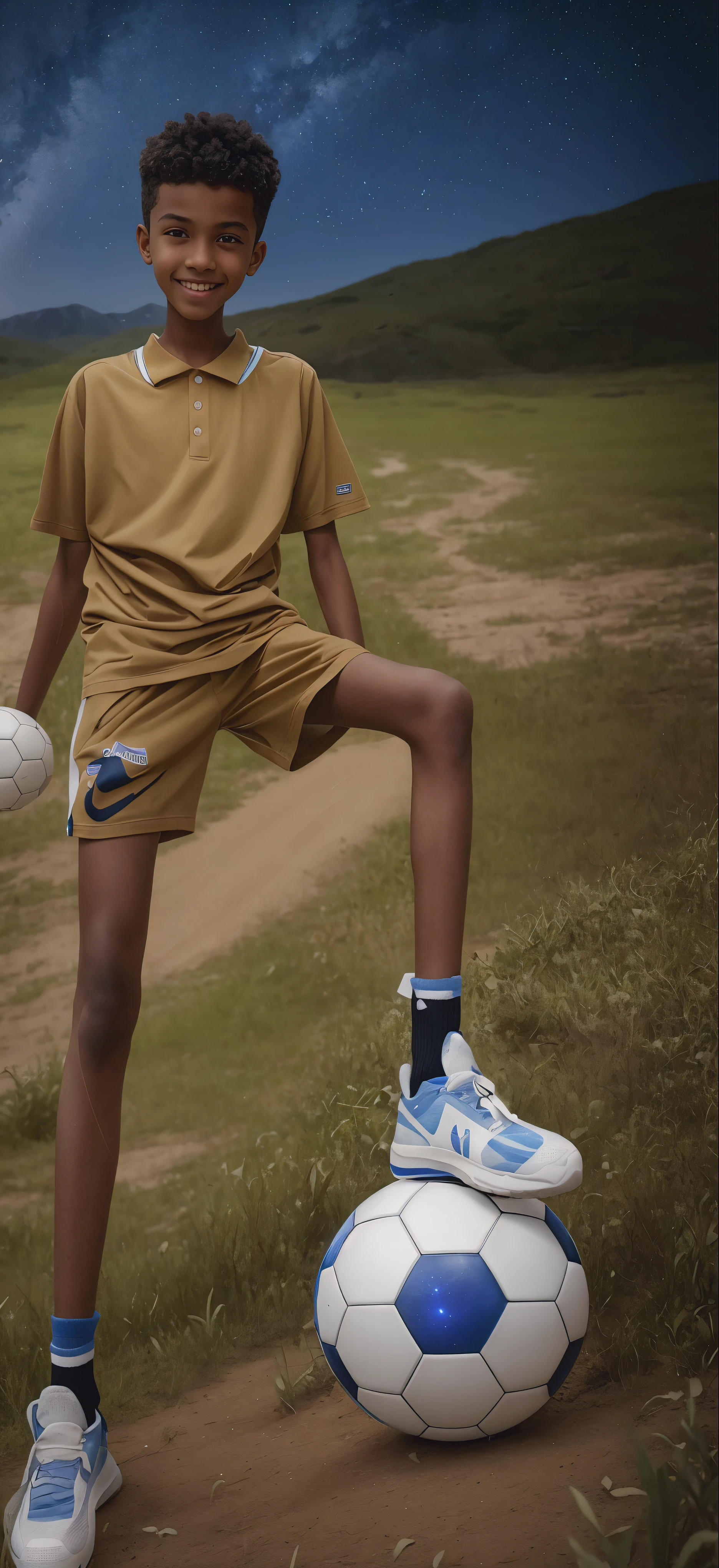 14 year old boy,brown skin,(Wearing a pure white football jersey,Wearing black socks),Big round eyes,very short hair,Highest skin texture,Tall and skinny,Highest quality,,toothy smile,Bright colors,Pictures with high saturation,juvenile,Depth of field stereoscopic,dark zone,There are auroras in the sky,There are stars in the sky,There is a starry universe above my head,galaxy,in the evening