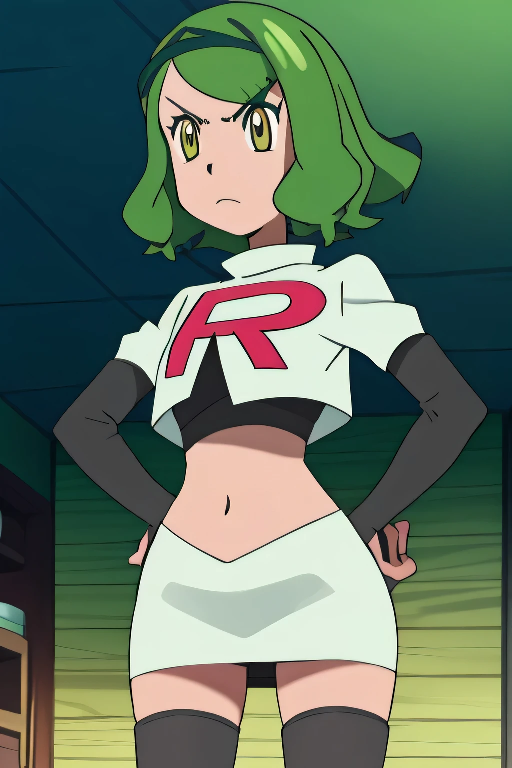 8k, masterpiece,highres,team rocket uniform, red letter r, white skirt,white crop top,black thigh-high boots, black elbow gloves, glaring angrily, looking down at viewer, hands on hips, cowboy shot, zettai ryouiki,from below, black panties,anime style, vivid colors, sharp focus, intense lighting,becky,green hair,short hair