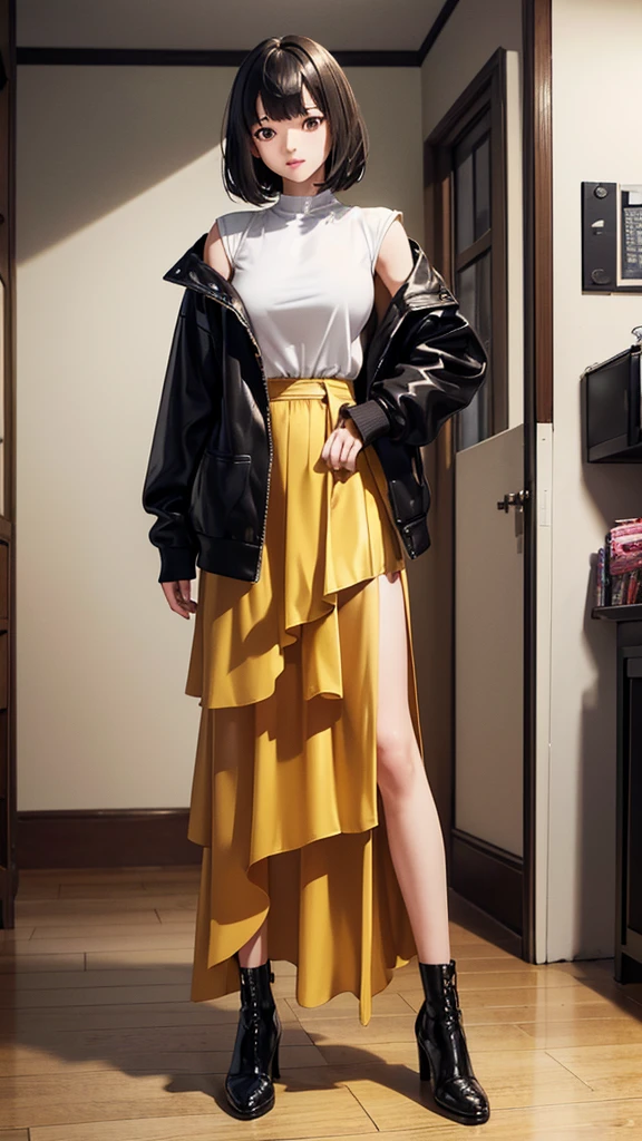 ((Highly detailed CG unit 8k wallpaper, masterpiece, High resolution, highest quality, highest qualityのリアルテクスチャスキン)), (Head to shin composition:1.5, fashion pose:1.2, A cool NY fashion girl influenced by nostalgic and inorganic mode fashion., detailed costume:1.4, Layered maxi skirt and zip-up jacket combination:1.3, Asymmetrical short hair, Nana Komatsu), (Vintage style room), hyper realistic, digital painting, concept art,