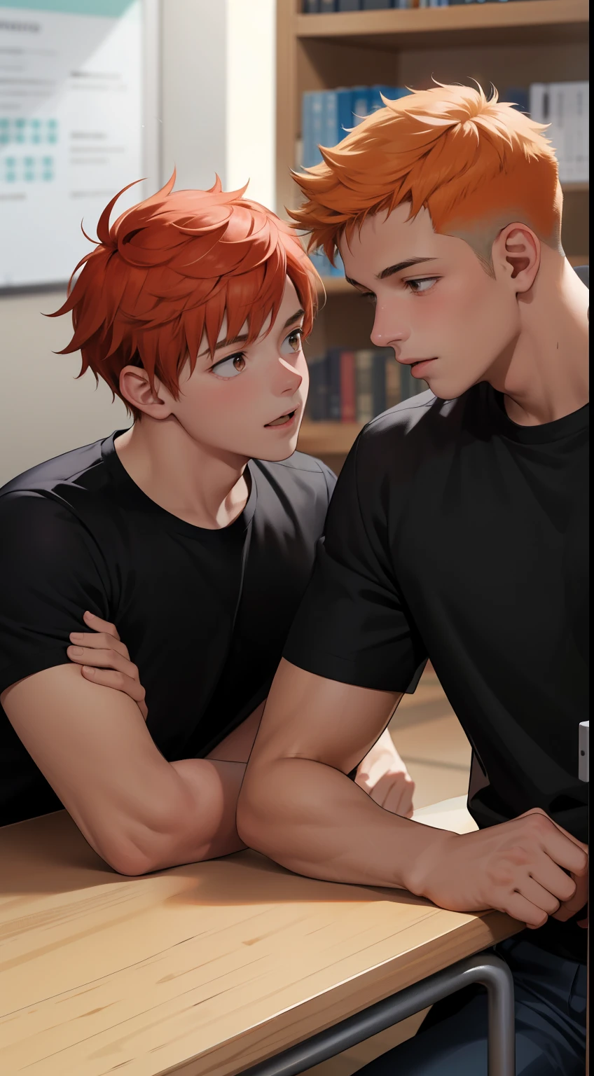 Two 15-year-old orange-haired teenage friends are talking, conversan, parlean  en la escuela comparten un secreto de que son casi amigos de hermanos... (usar los mismo personajes)