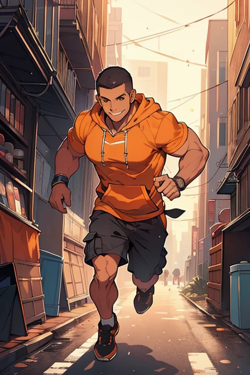 Masterpiece, Best Quality, Ultra Detailed, 1man, big, strong, jock, muscular, hunk, bara, jock, beef, athletic, tanned skin, black hair, (buzz cut:1.0), very short haircut, orange eyes, very detailed eyes, smiling, wearing airdots, classic short sleeve t-shirt, gray t-shit, (((hoodie tied around waist:1.0))), black pants, cargo pants, medium full shot, cursed energy flowing around his body, city streets background, daylight, Illustration of,dabuFlatMix_v10.safetensors,Black,Cursed energy,Male focus,pastelbg,nijimale,mature male, ((( running fast)))