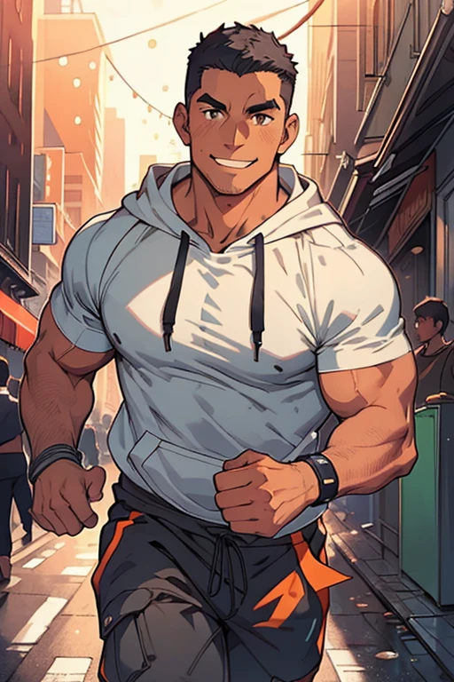 Masterpiece, Best Quality, Ultra Detailed, 1man, big, strong, jock, muscular, hunk, bara, jock, beef, athletic, tanned skin, black hair, (buzz cut:1.0), very short haircut, orange eyes, very detailed eyes, smiling, wearing airdots, classic short sleeve t-shirt, gray t-shit, (((hoodie tied around waist:1.0))), black pants, cargo pants, medium full shot, cursed energy flowing around his body, city streets background, daylight, Illustration of,dabuFlatMix_v10.safetensors,Black,Cursed energy,Male focus,pastelbg,nijimale,mature male, ((( running fast)))