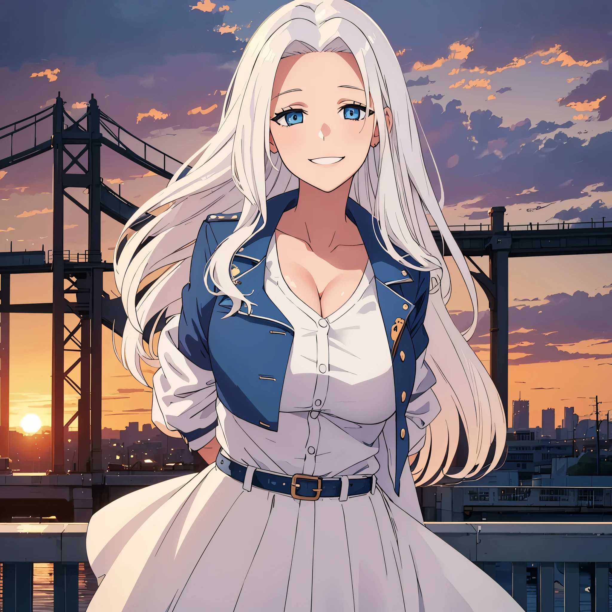 A woman wearing a denim jacket with medals, white shirt, white skirt, blue eyes, white hair, smiling, outside a big city, a big bridge behind, at sunset. big breasts, HDR, very detailed, ultra resolution, masterpiece. 8k hd.
