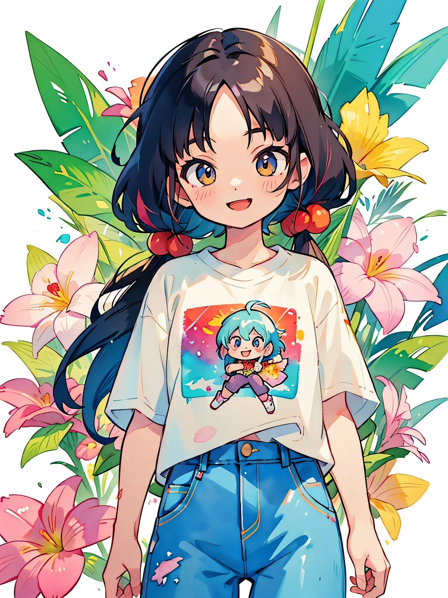 akira toriyama style、Plumeria painting with splatter background and spray paint effect, author：adam hughes, Plumeria Flower Design T-Shirt and Jeans Shorts, upper body center, colorful hair,、big happy smile, watercolor art,  watercolor painting, watercolor painting風, watercolor detailed art, watercolor digital painting, Watercolor paints, A beautifully detailed watercolor painting, watercolor art，japanese woman，(((Chibi)))