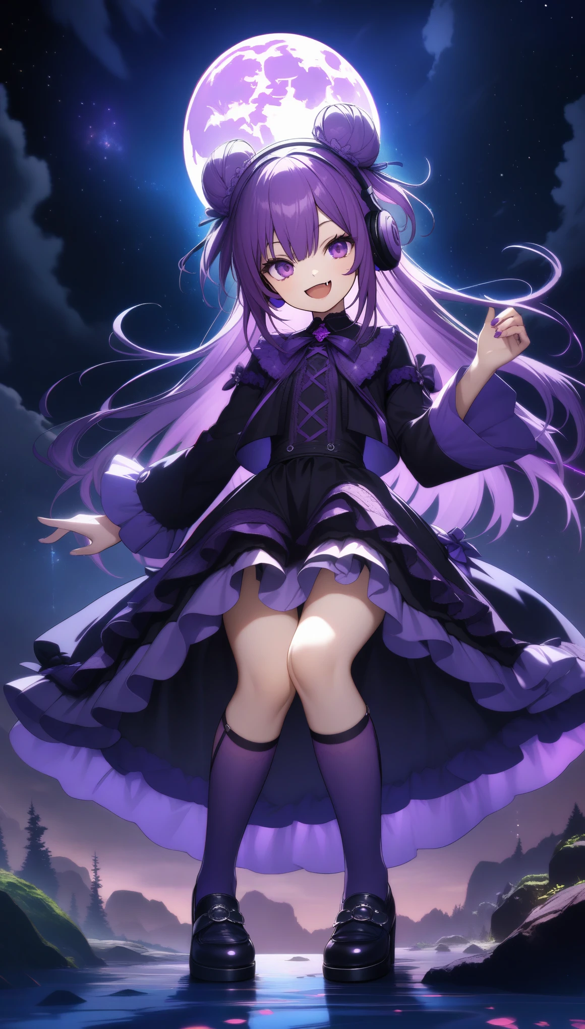 32k, best quality, ultra high res, HDR, UHD, extremely detailed CG, unity 32k wallpaper, (((hight quality))), (((high-level image quality))), (((smile))), (((purple gothic lolita))), (((full moon))),  (((hight quality starry sky background))), (((purple hair))), (((double bun_head))), (((purple eyes))), ((())), (((purple over knee socks))), (((fang))), ((headphone)), 