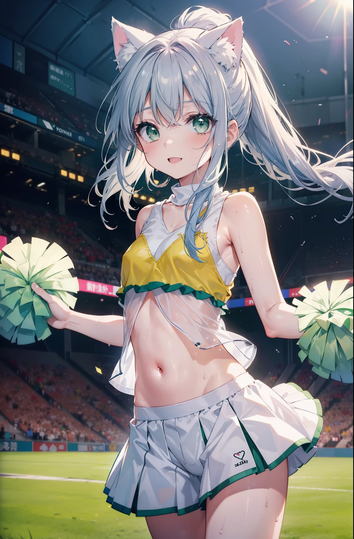 index, index, (green eyes:1.5), silver hair, long hair, (flat chest:1.2),ponytail,smile,blush,open your mouth,(cheer leading), (whole body),animal ears　 Cat ear,Animal tail　cat tail,lower, (sweaty), sweaty Wet Clothes, (white clothes), , Navel support, playground, (jump), (jump), 足を曲げてjumpする, air, blue sky, Grass原, smile,Cheerleader, pom pom \(cheer leading\), Grass, smile, 
break looking at viewer, Upper body, whole body,
break indoors, stadium,
break (masterpiece:1.2), highest quality, High resolution, unity 8k wallpaper, (figure:0.8), (beautiful deしっぽed eyes:1.6), extremely deしっぽed face, perfect lighting, extremely deしっぽed CG, (perfect hands, perfect anatomy),