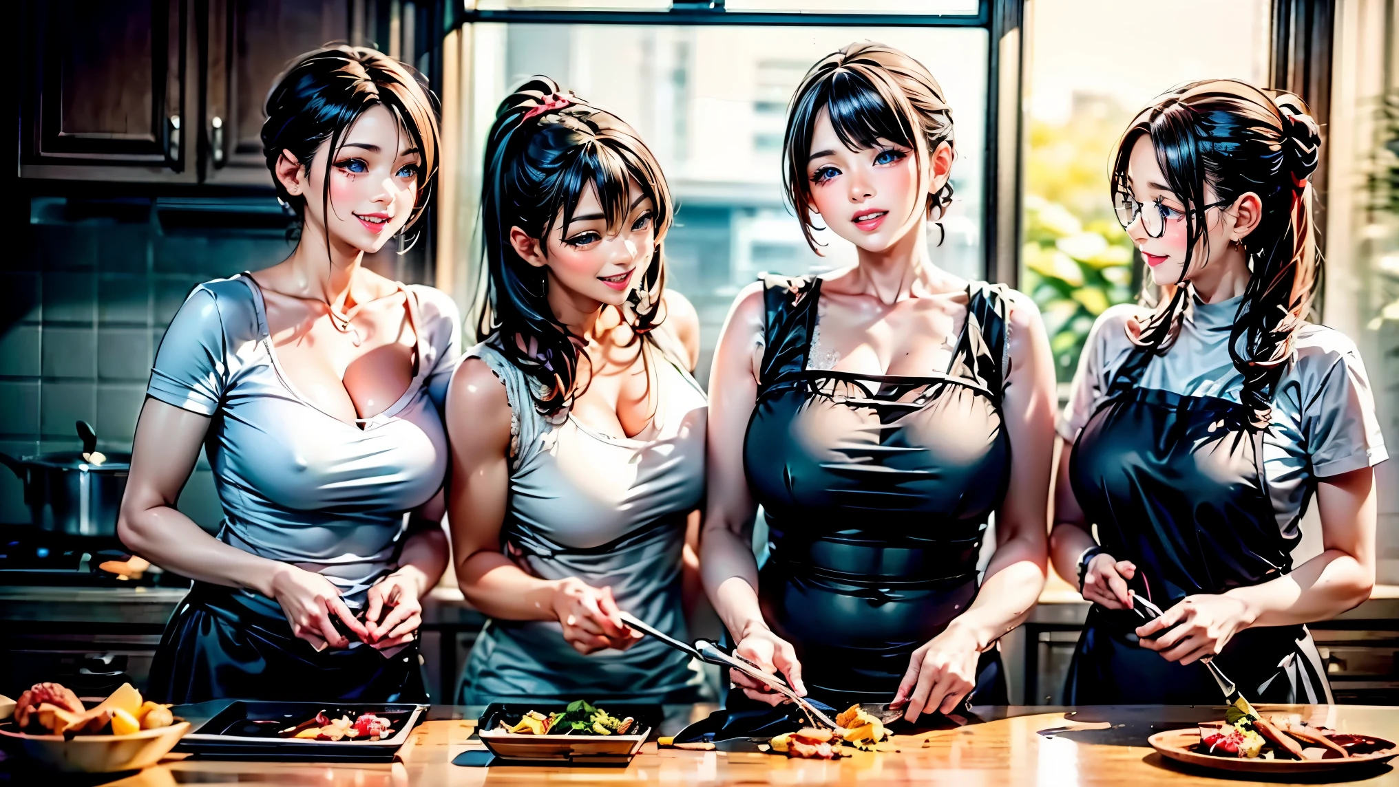 Perfect quality, Clear focus (messy home: 0.8), (masterpiece: 1.2) (real: 1.2) (Bokeh) (best quality) (delicate skin: 1.3) (intricate details) (8K) (Attention to detail) (sharp focus), (happy), 4 moms happily chatting in cooking class, happy, Smile, cooking, housewife, 4 people,