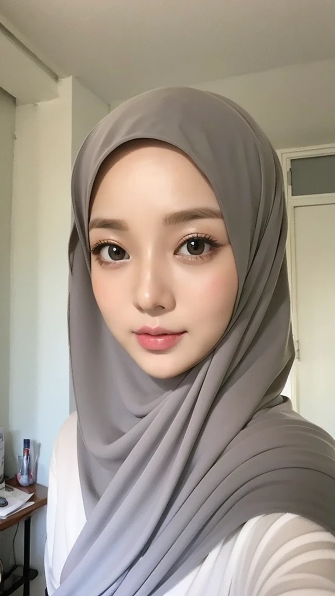 Beautuful Women、hijab, indonesian, realistic, a room、selfee、White Room、The face is cute、Vanrak Ayyans appears. beautiful、alone