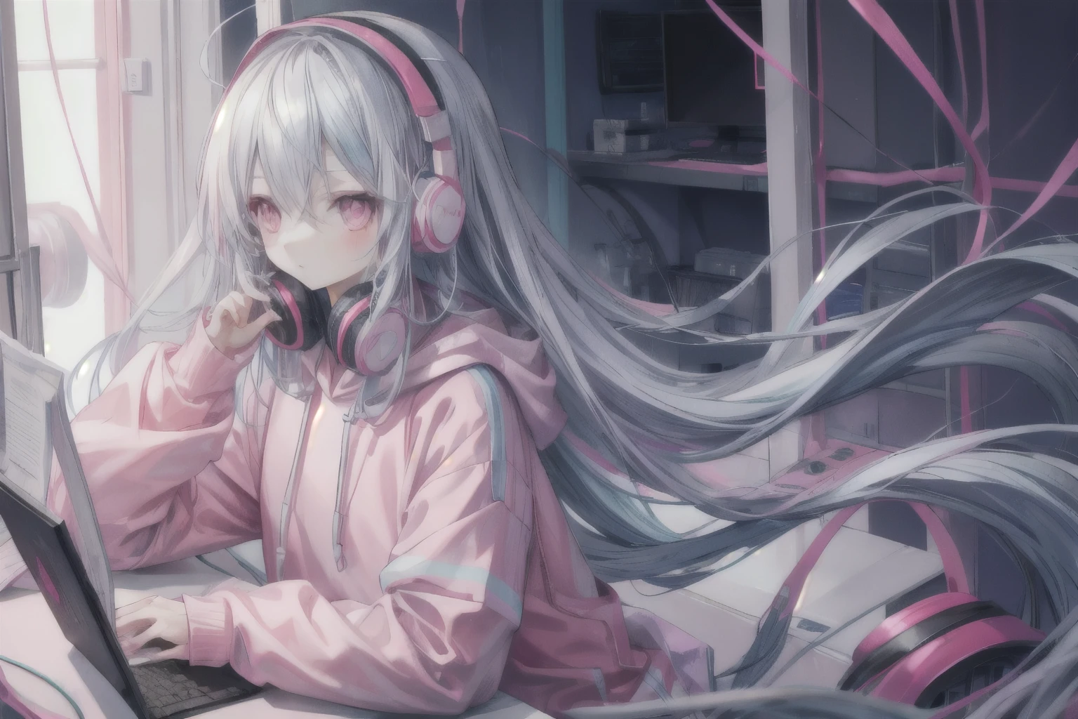 light blue long hair,Pink and white sweatshirt,pink eyes,black headphones,