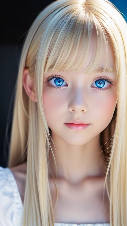 A beautiful Scandinavian girl with shining blonde hair、Transparent white glossy skin、Wind blonde gets in the way in front of a cute face、huge 、Cute little beautiful face of 20 years old、Beautiful straight blonde silky hair that stands out、blonde hair above the eyes、Big, bright, light blue eyes that shine beautifully、very big eyes、long silky bangs that cover cute eyes, Sexy face-hiding hair, super long blonde hair、Sexy cute young woman、Super long blonde with shiny light blonde hair、small face beautiful girl、very white shiny skin、Beautiful highlights for big eyes