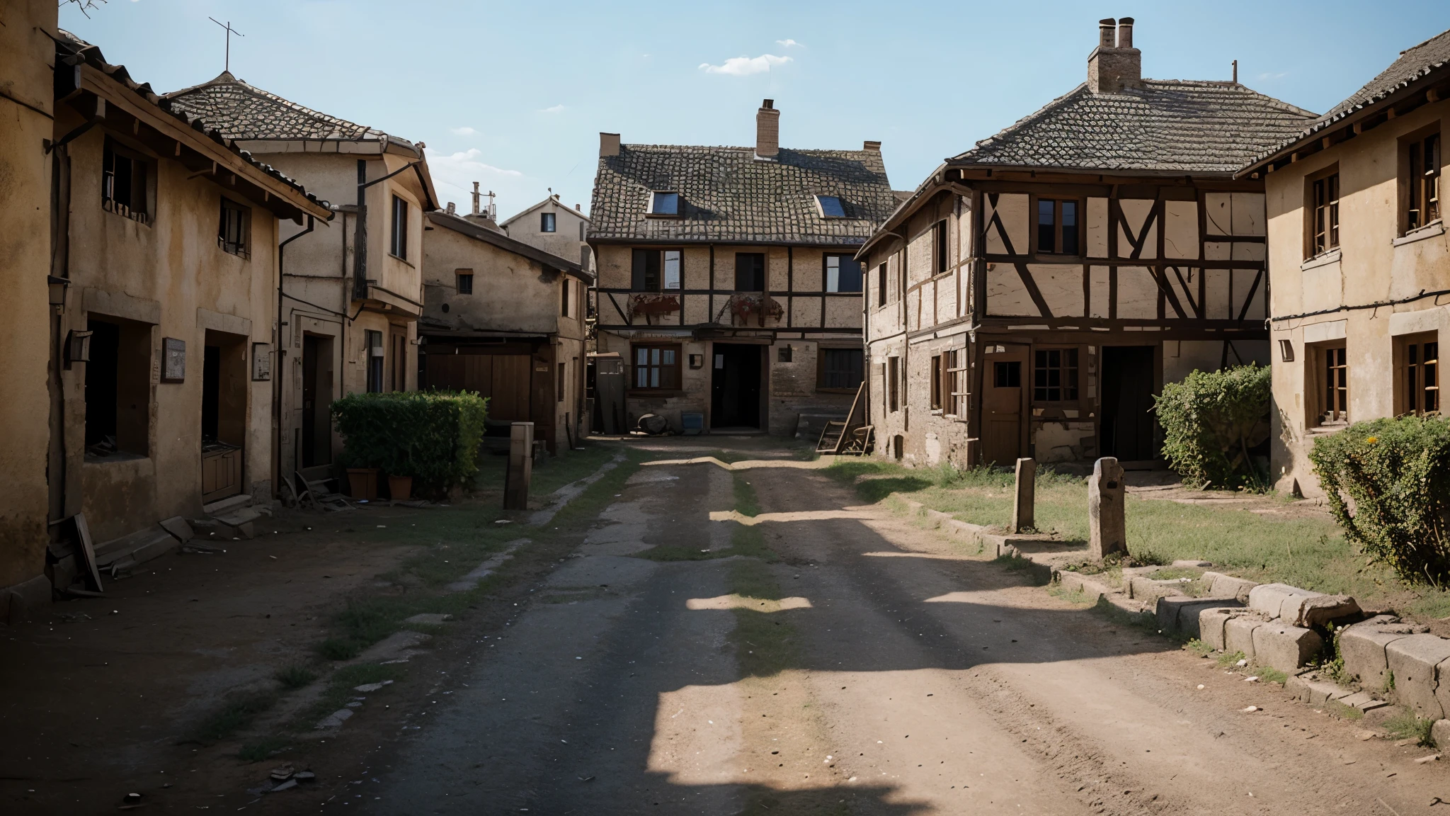 Generate an image depicting a medieval European village ravaged by the Black Death, showcasing the desolation and despair wrought by the pandemic.