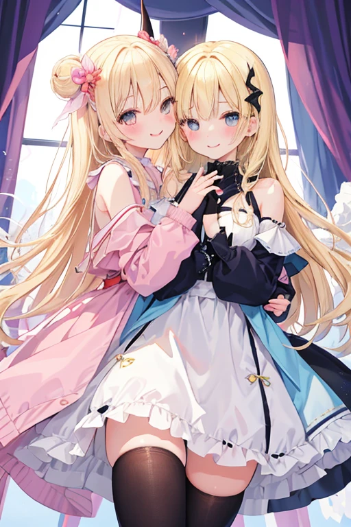 beautiful illustrations, highest quality, pretty girl,beautiful girl、clear face、 half girl、pastel colour ,blonde、black eyes、smile、blush、にこやかなsmile、thighs、devil、Angel、two girls、fantasy、fantasy、perfect hands、five fingereet、kiss