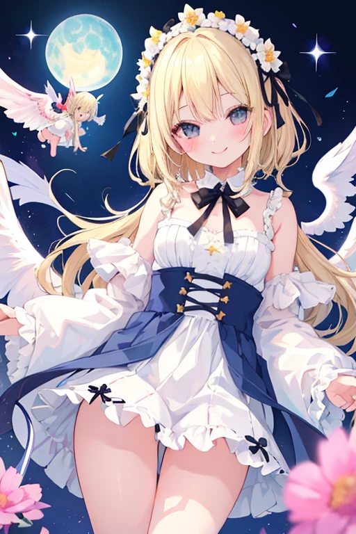 beautiful illustrations, highest quality, pretty girl,beautiful girl、clear face、 half girl、pastel colour ,blonde、black eyes、smile、blush、にこやかなsmile、thighs、devil、Angel、two girls、fantasy、fantasy、perfect hands、five fingereet、kiss