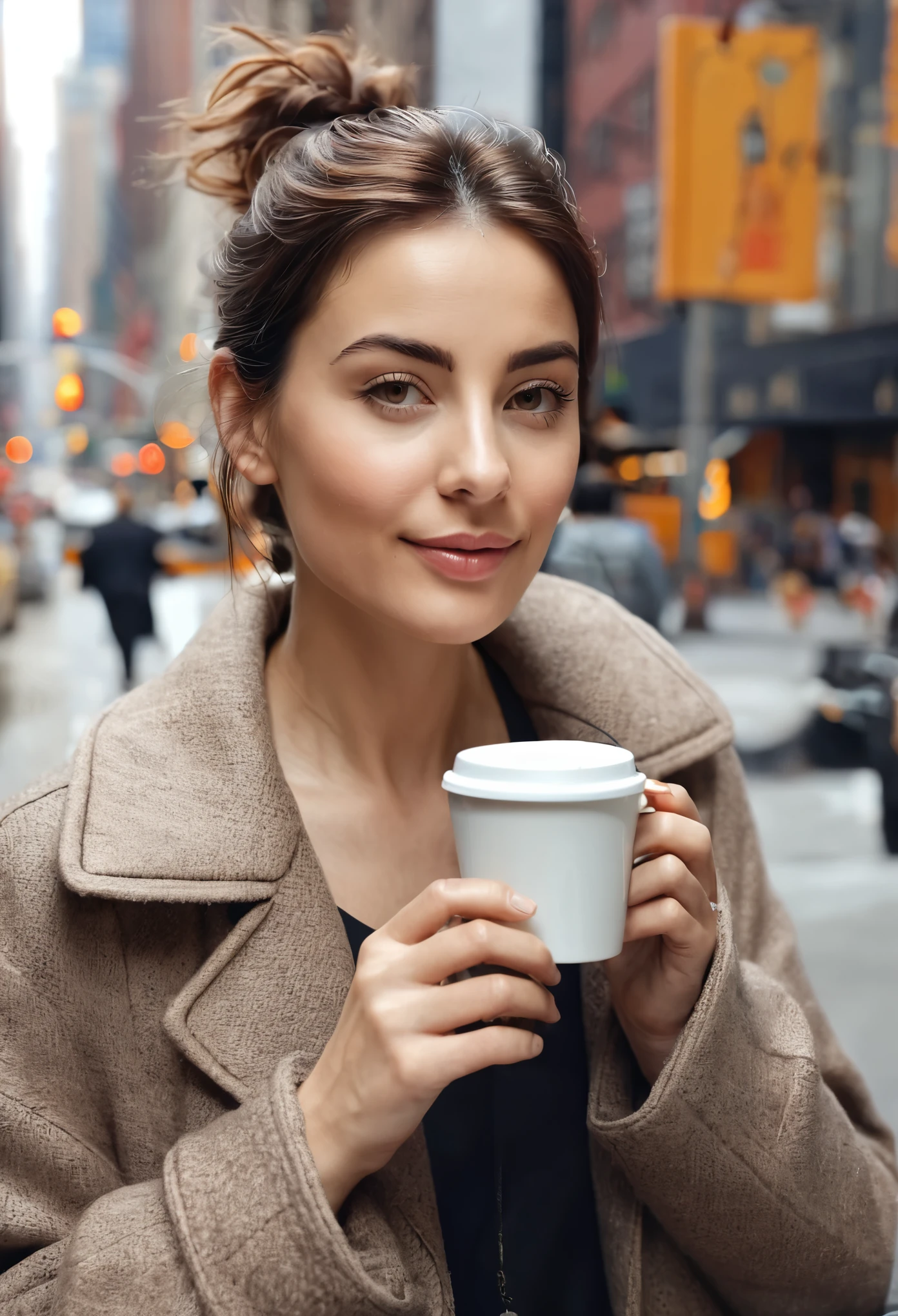 woman 26 years old drinking coffe in new york, photorealistic
